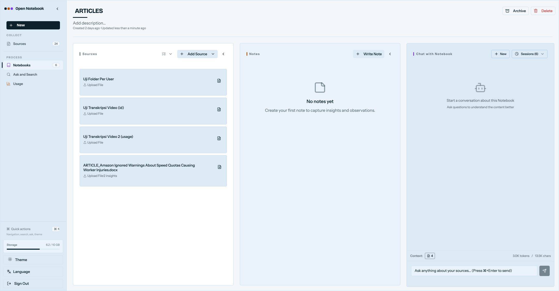 orLook app interface showing a document library with a chat panel and cited answers